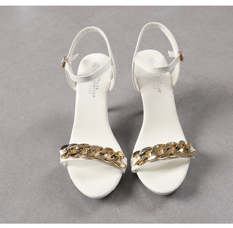 Women's Pure Color Sandals Open Toe High Heels with Thin Chain Belt Fashion Shoes Summer Buckle Strap Party Shoes Black Pumps