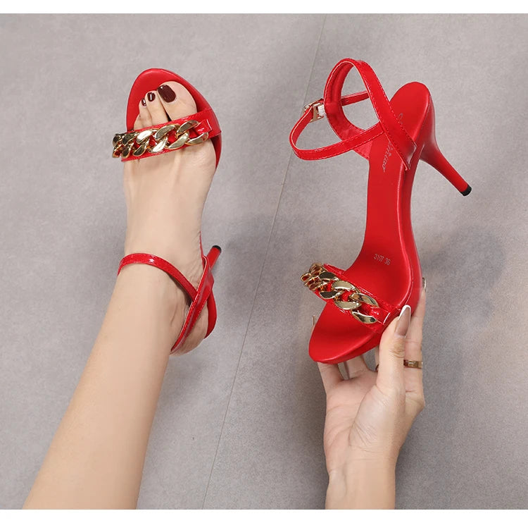Women's Pure Color Sandals Open Toe High Heels with Thin Chain Belt Fashion Shoes Summer Buckle Strap Party Shoes Black Pumps