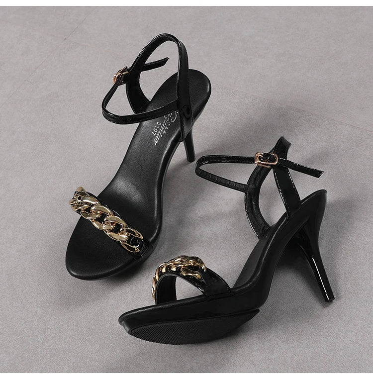 Women's Pure Color Sandals Open Toe High Heels with Thin Chain Belt Fashion Shoes Summer Buckle Strap Party Shoes Black Pumps