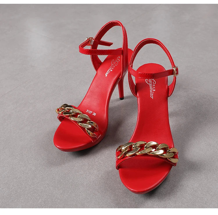 Women's Pure Color Sandals Open Toe High Heels with Thin Chain Belt Fashion Shoes Summer Buckle Strap Party Shoes Black Pumps