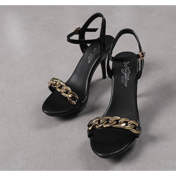 Women's Pure Color Sandals Open Toe High Heels with Thin Chain Belt Fashion Shoes Summer Buckle Strap Party Shoes Black Pumps