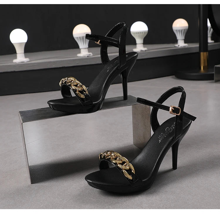 Women's Pure Color Sandals Open Toe High Heels with Thin Chain Belt Fashion Shoes Summer Buckle Strap Party Shoes Black Pumps
