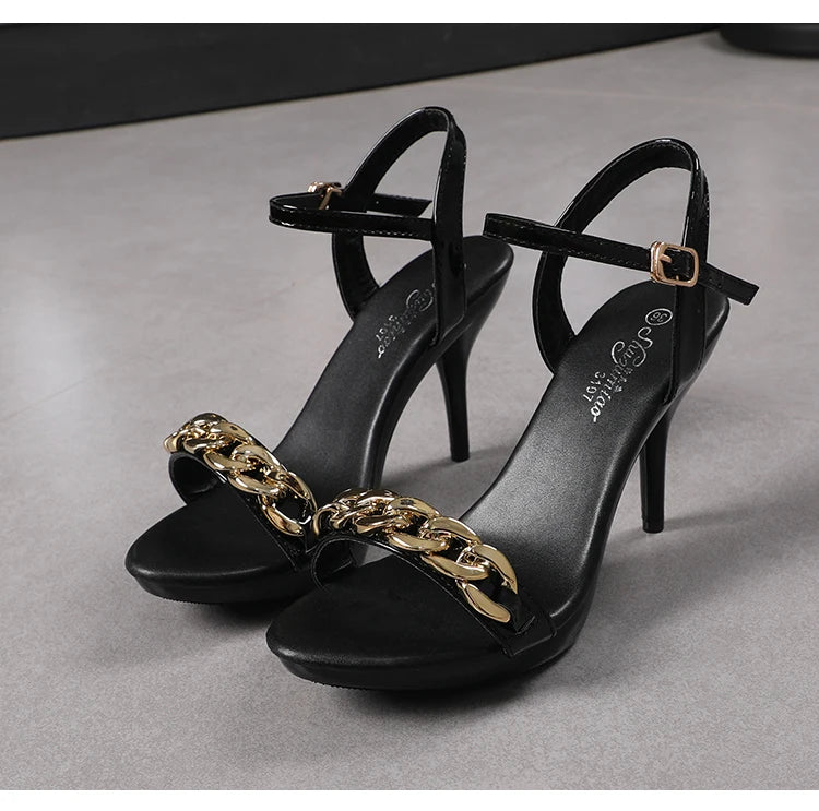 Women's Pure Color Sandals Open Toe High Heels with Thin Chain Belt Fashion Shoes Summer Buckle Strap Party Shoes Black Pumps