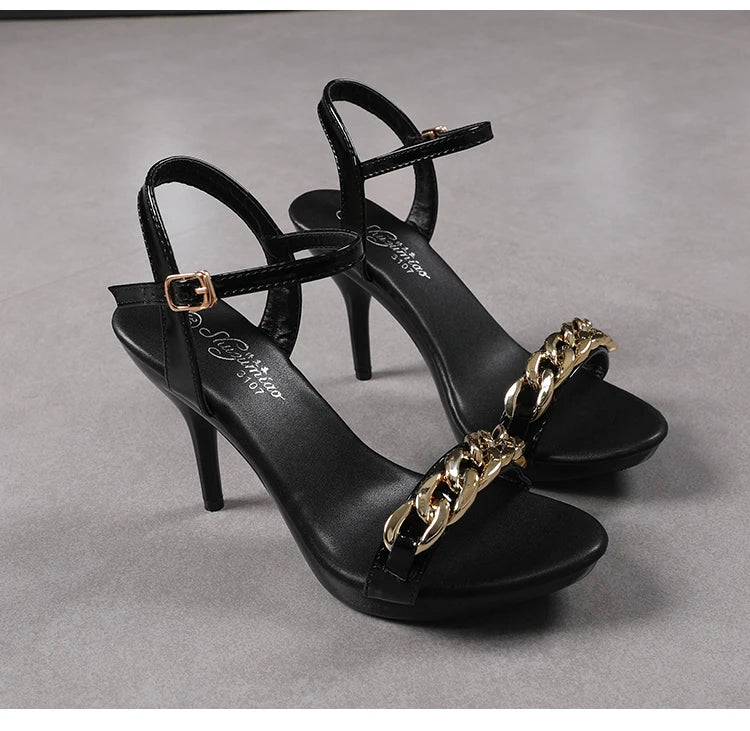 Women's Pure Color Sandals Open Toe High Heels with Thin Chain Belt Fashion Shoes Summer Buckle Strap Party Shoes Black Pumps
