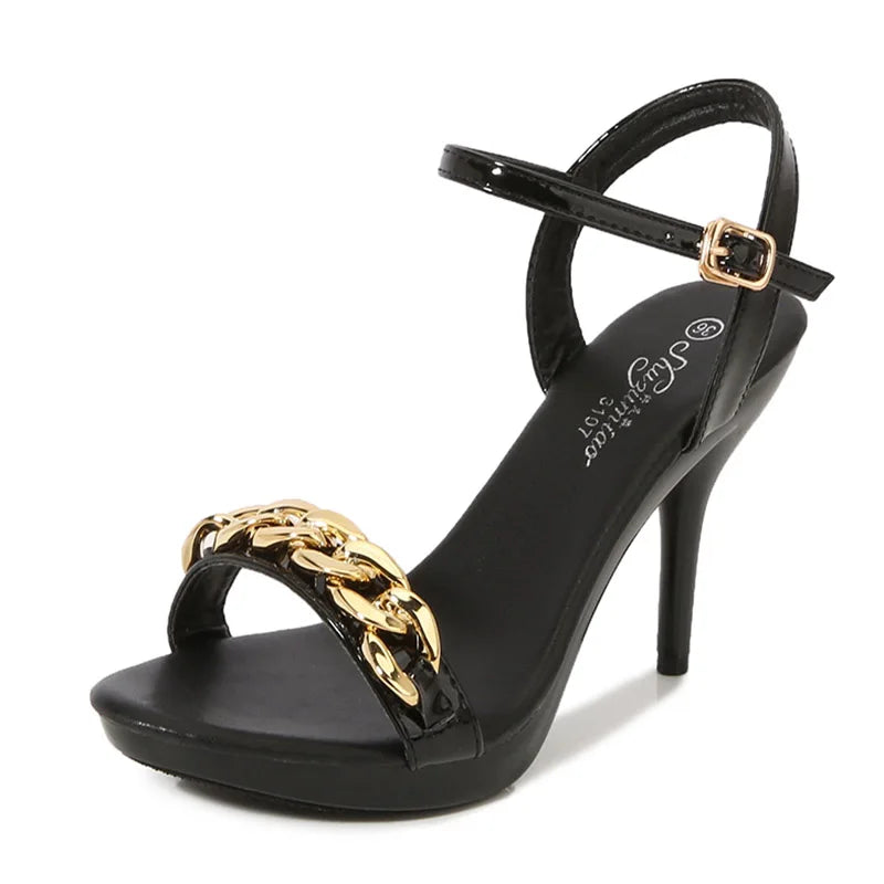 Women's Pure Color Sandals Open Toe High Heels with Thin Chain Belt Fashion Shoes Summer Buckle Strap Party Shoes Black Pumps