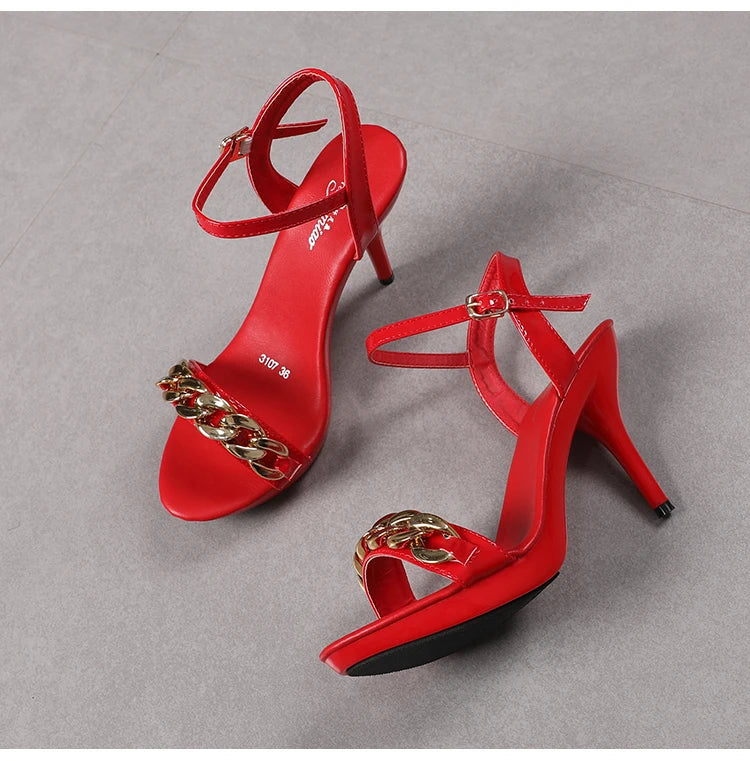 Women's Pure Color Sandals Open Toe High Heels with Thin Chain Belt Fashion Shoes Summer Buckle Strap Party Shoes Black Pumps