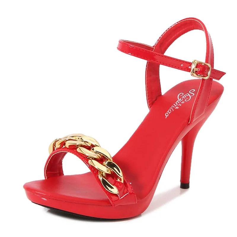 Women's Pure Color Sandals Open Toe High Heels with Thin Chain Belt Fashion Shoes Summer Buckle Strap Party Shoes Black Pumps