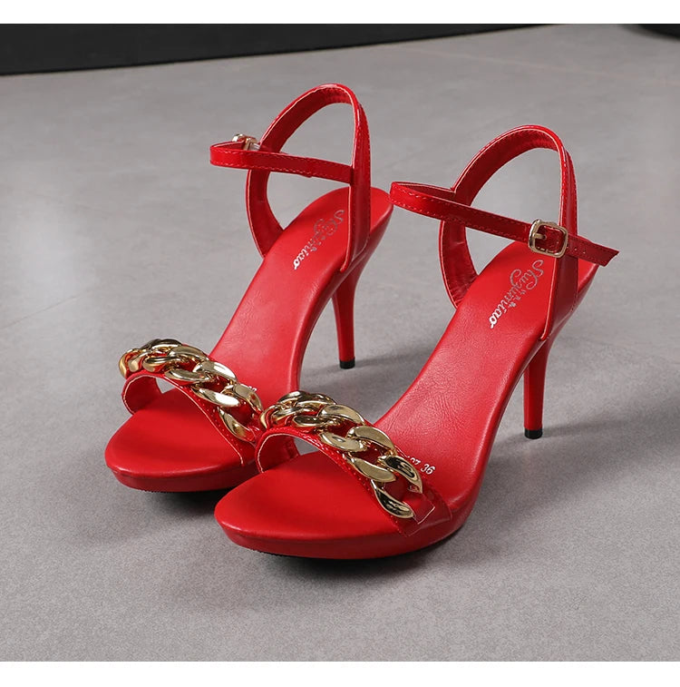 Women's Pure Color Sandals Open Toe High Heels with Thin Chain Belt Fashion Shoes Summer Buckle Strap Party Shoes Black Pumps
