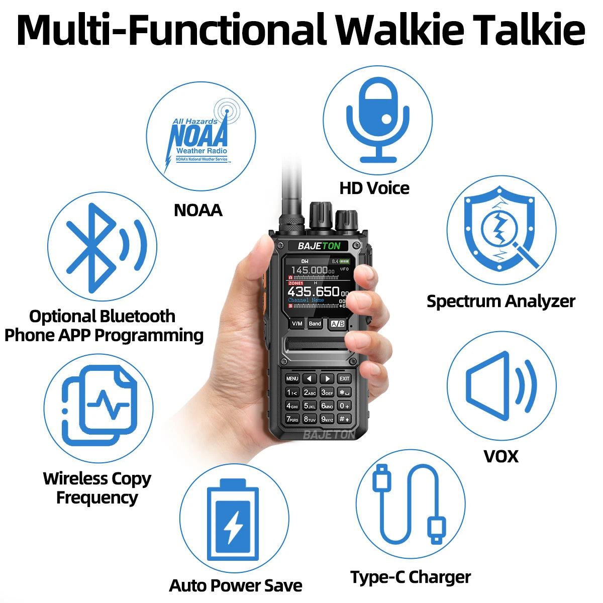 BAJETON BJ-7800 Walkie Talkie Long Range SW MW LW AM SSB CB 10W Receive Wireless Bluetooth Phone Programming NOAA Two Way Radio