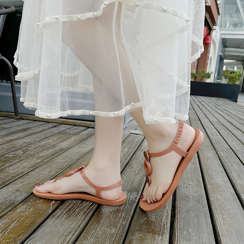 Summer New Flat Shoes Women's National One Word Buckle Beach Sandals Soft Soled Herringbone Sandals for Women