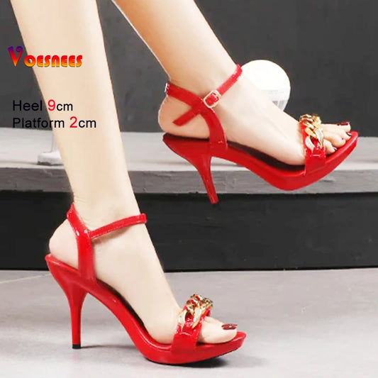 Women's Pure Color Sandals Open Toe High Heels with Thin Chain Belt Fashion Shoes Summer Buckle Strap Party Shoes Black Pumps