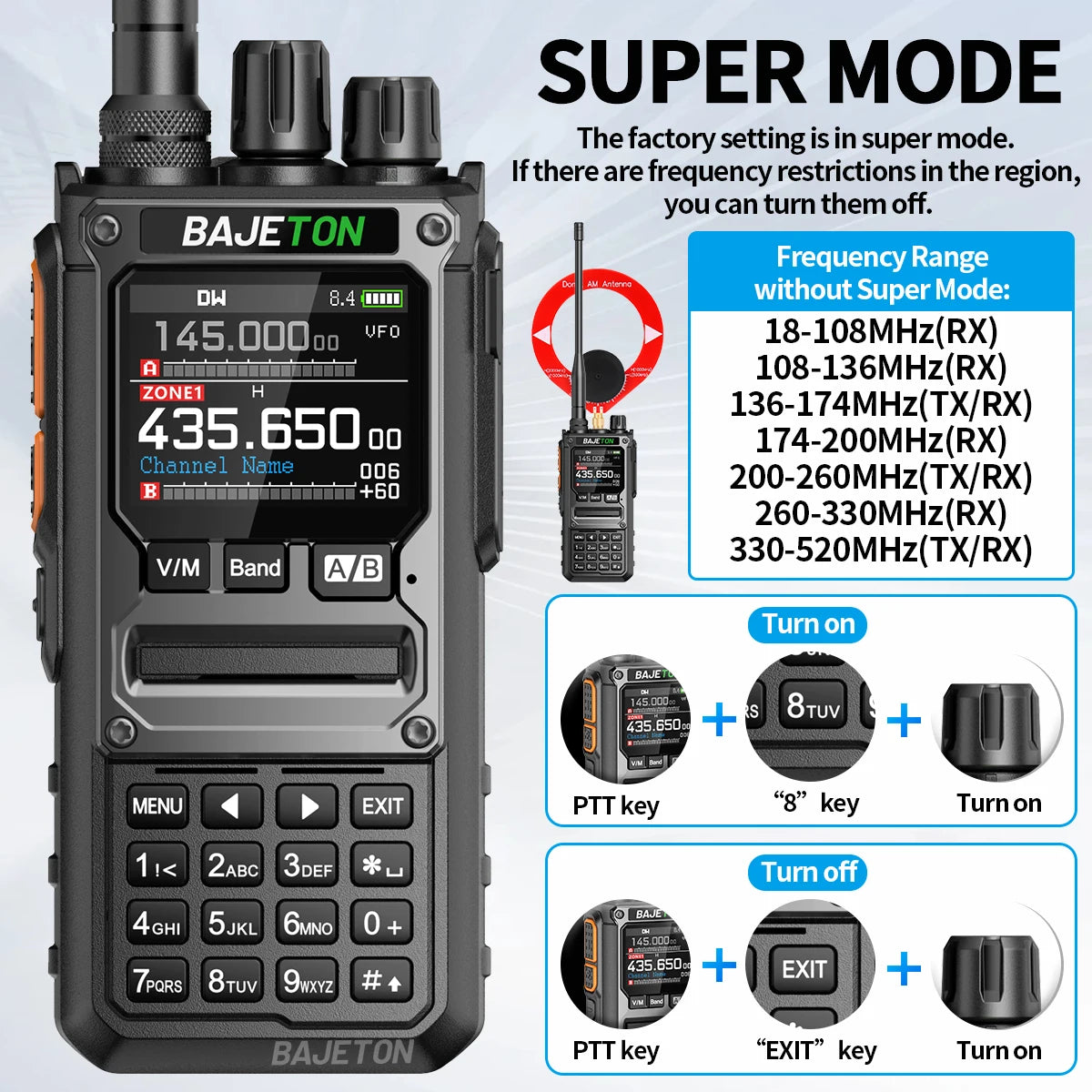 BAJETON BJ-7800 Walkie Talkie Long Range SW MW LW AM SSB CB 10W Receive Wireless Bluetooth Phone Programming NOAA Two Way Radio