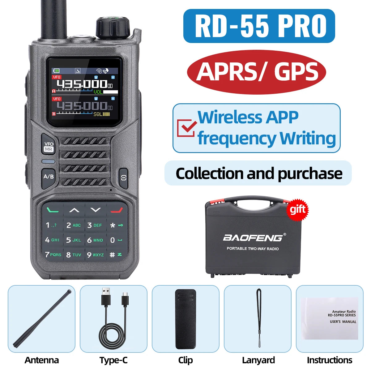 Baofeng RD-55PRO Walkie Talkie GPS APRS Long Range Bluetooth Programming Type-C Compass Portable Amateur Ham Radio For Camping