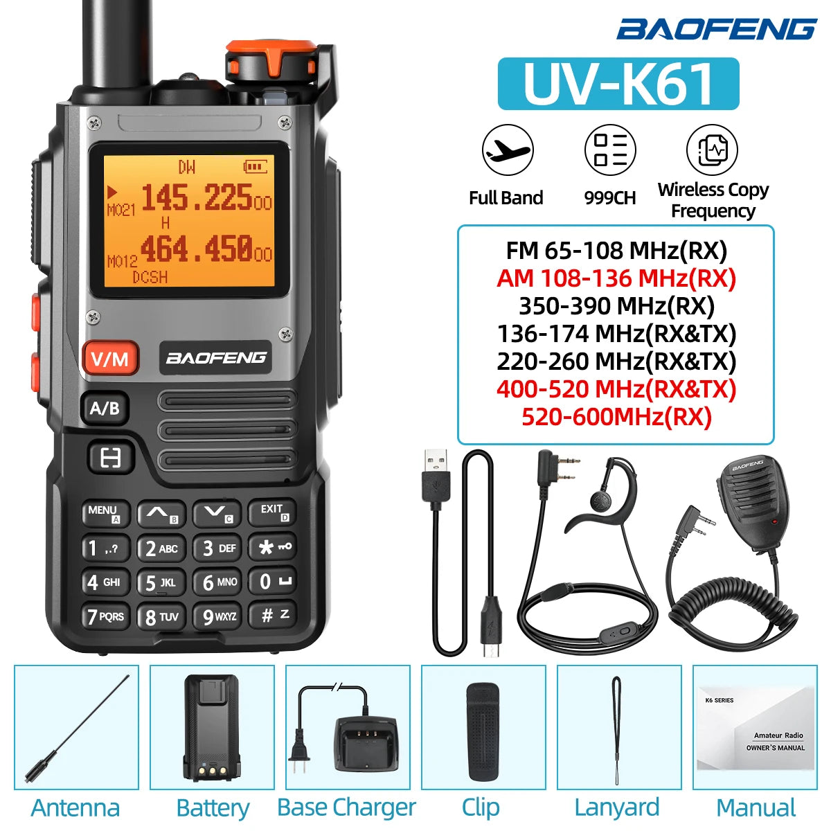 NEW Baofeng UV-K61 Walkie Talkie Air Band Wireless Copy Frequency Type-C Full Band UHF VHF DTMF NOAA UV-5R Upgraded