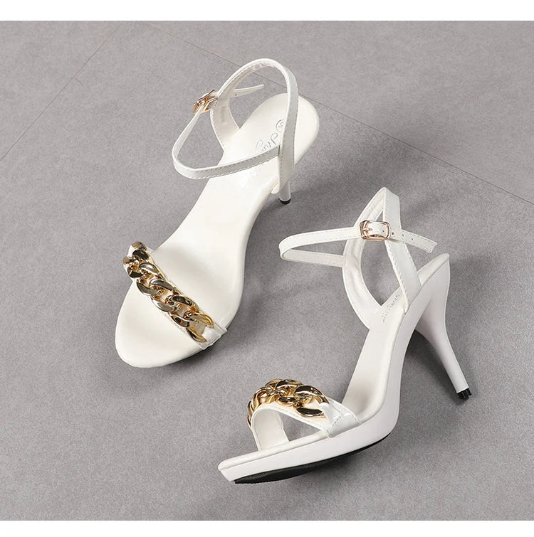 Women's Pure Color Sandals Open Toe High Heels with Thin Chain Belt Fashion Shoes Summer Buckle Strap Party Shoes Black Pumps