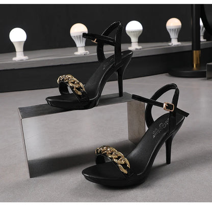 Women's Pure Color Sandals Open Toe High Heels with Thin Chain Belt Fashion Shoes Summer Buckle Strap Party Shoes Black Pumps