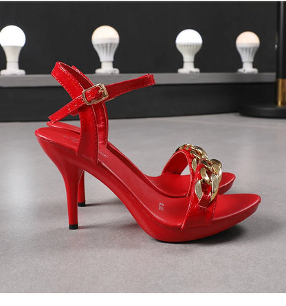 Women's Pure Color Sandals Open Toe High Heels with Thin Chain Belt Fashion Shoes Summer Buckle Strap Party Shoes Black Pumps