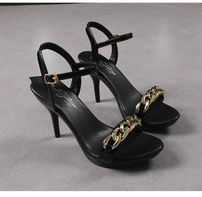 Women's Pure Color Sandals Open Toe High Heels with Thin Chain Belt Fashion Shoes Summer Buckle Strap Party Shoes Black Pumps