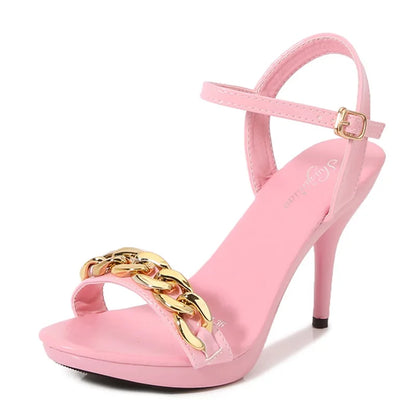 Women's Pure Color Sandals Open Toe High Heels with Thin Chain Belt Fashion Shoes Summer Buckle Strap Party Shoes Black Pumps