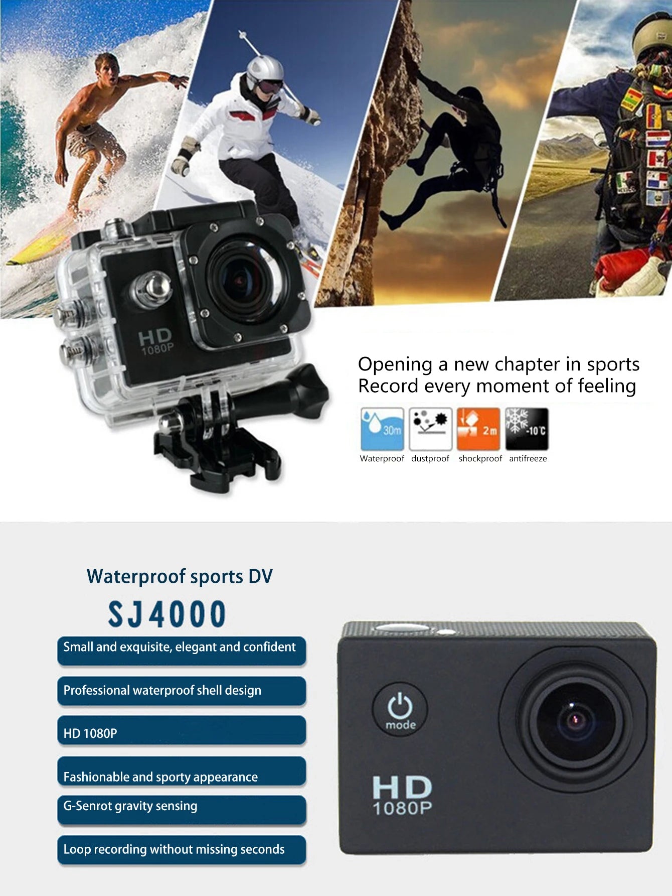 Outdoor Sports Camera,waterproof Diving Bike Recorder,DV Panoramic 2 Inch Screen Car Recorder,HD Mini Multi-function Camera