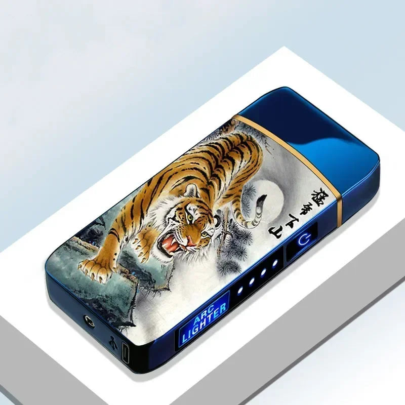 New Electric Windproof Metal Lighter Double Arc Flameless Plasma Rechargeable USB Lighter LED Power Display Touch Lighters Gift