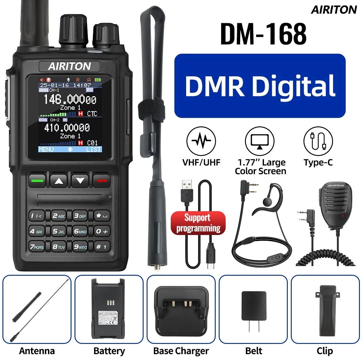 AIRITON DM-168 DMR Digital Analog  Walkie Talkie Dual Mode AES256 Encryption Amateur for AT-D168UV with Type-C Two Way Radio