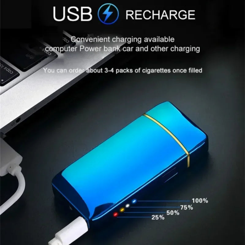 New Electric Windproof Metal Lighter Double Arc Flameless Plasma Rechargeable USB Lighter LED Power Display Touch Lighters Gift