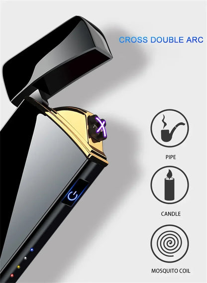 New Electric Windproof Metal Lighter Double Arc Flameless Plasma Rechargeable USB Lighter LED Power Display Touch Lighters Gift