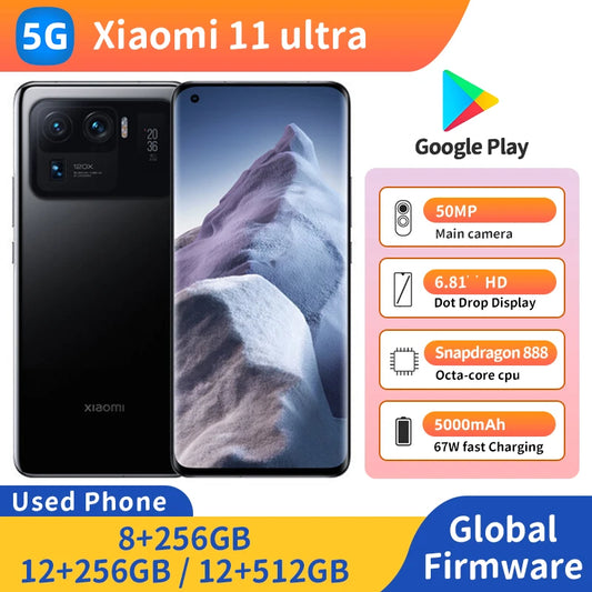 Xiaomi 11 ultra 5G Qualcomm Snapdragon 888 RAM 12GB ROM 512GB 6.81inch 3200x1440px 5000mAh 67W used phone