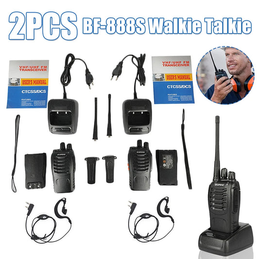 2PCS BF-888S Wireless Walkie Talkie with Earphones Dual Band Walkie Talkie Ham Two Way Radio for Civil Hotel Construction Site