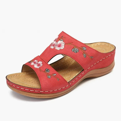 Women Slippers Embroider Flowers Leather Woman Sandals 2025 Outdoor Light Casual Wedges Slippers Slip on Summer Shoes for Women