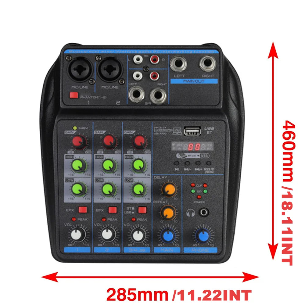 4 channel Mixer Dj Mixing Console Met Bluetooth 48V Phantom Power Monitor Karaoke Systeem Usb Mixer Audio