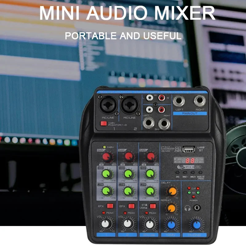 4 channel Mixer Dj Mixing Console Met Bluetooth 48V Phantom Power Monitor Karaoke Systeem Usb Mixer Audio