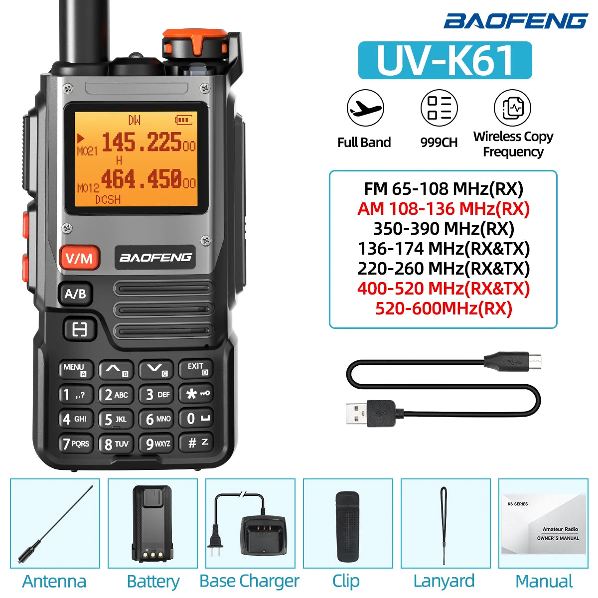 NEW Baofeng UV-K61 Walkie Talkie Air Band Wireless Copy Frequency Type-C Full Band UHF VHF DTMF NOAA UV-5R Upgraded