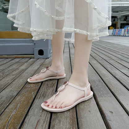 Summer New Flat Shoes Women's National One Word Buckle Beach Sandals Soft Soled Herringbone Sandals for Women