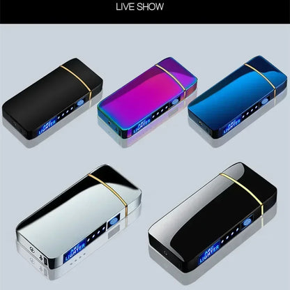 New Electric Windproof Metal Lighter Double Arc Flameless Plasma Rechargeable USB Lighter LED Power Display Touch Lighters Gift