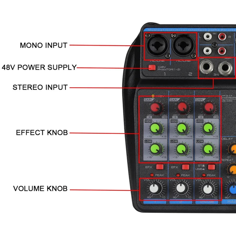 4 channel Mixer Dj Mixing Console Met Bluetooth 48V Phantom Power Monitor Karaoke Systeem Usb Mixer Audio