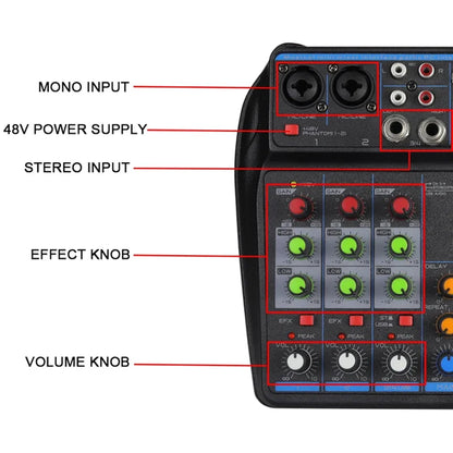 4 channel Mixer Dj Mixing Console Met Bluetooth 48V Phantom Power Monitor Karaoke Systeem Usb Mixer Audio