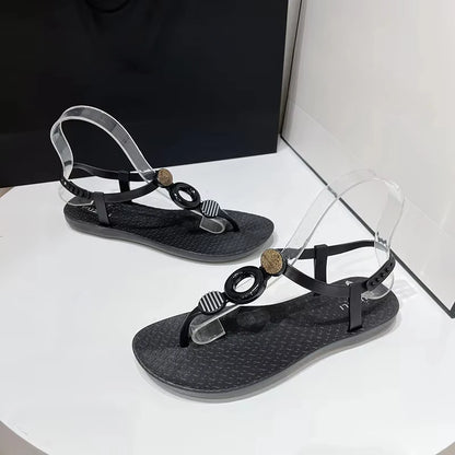 Summer New Flat Shoes Women's National One Word Buckle Beach Sandals Soft Soled Herringbone Sandals for Women