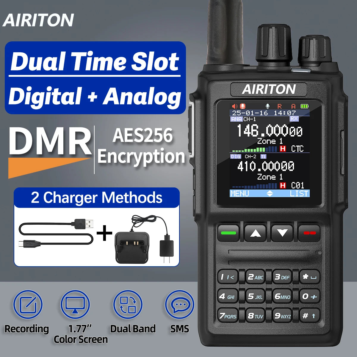 AIRITON DM-168 DMR Digital Analog  Walkie Talkie Dual Mode AES256 Encryption Amateur for AT-D168UV with Type-C Two Way Radio