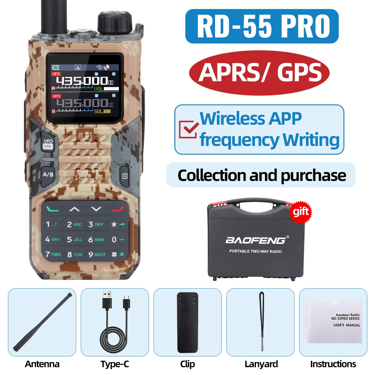 Baofeng RD-55PRO Walkie Talkie GPS APRS Long Range Bluetooth Programming Type-C Compass Portable Amateur Ham Radio For Camping