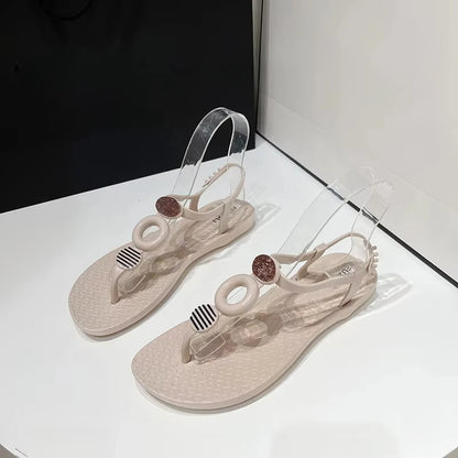 Summer New Flat Shoes Women's National One Word Buckle Beach Sandals Soft Soled Herringbone Sandals for Women