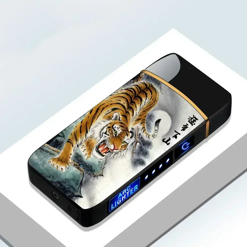 New Electric Windproof Metal Lighter Double Arc Flameless Plasma Rechargeable USB Lighter LED Power Display Touch Lighters Gift