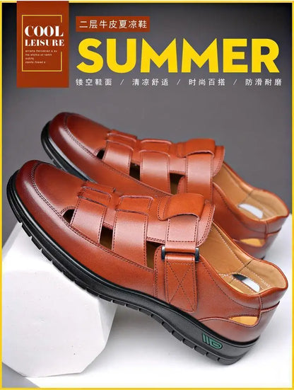 Summer Men Sandals Cozy Hollow Non-slip Soft Cool Flats Men Breathable All-match Classic Wearable Fashion Casual Leather Sandals