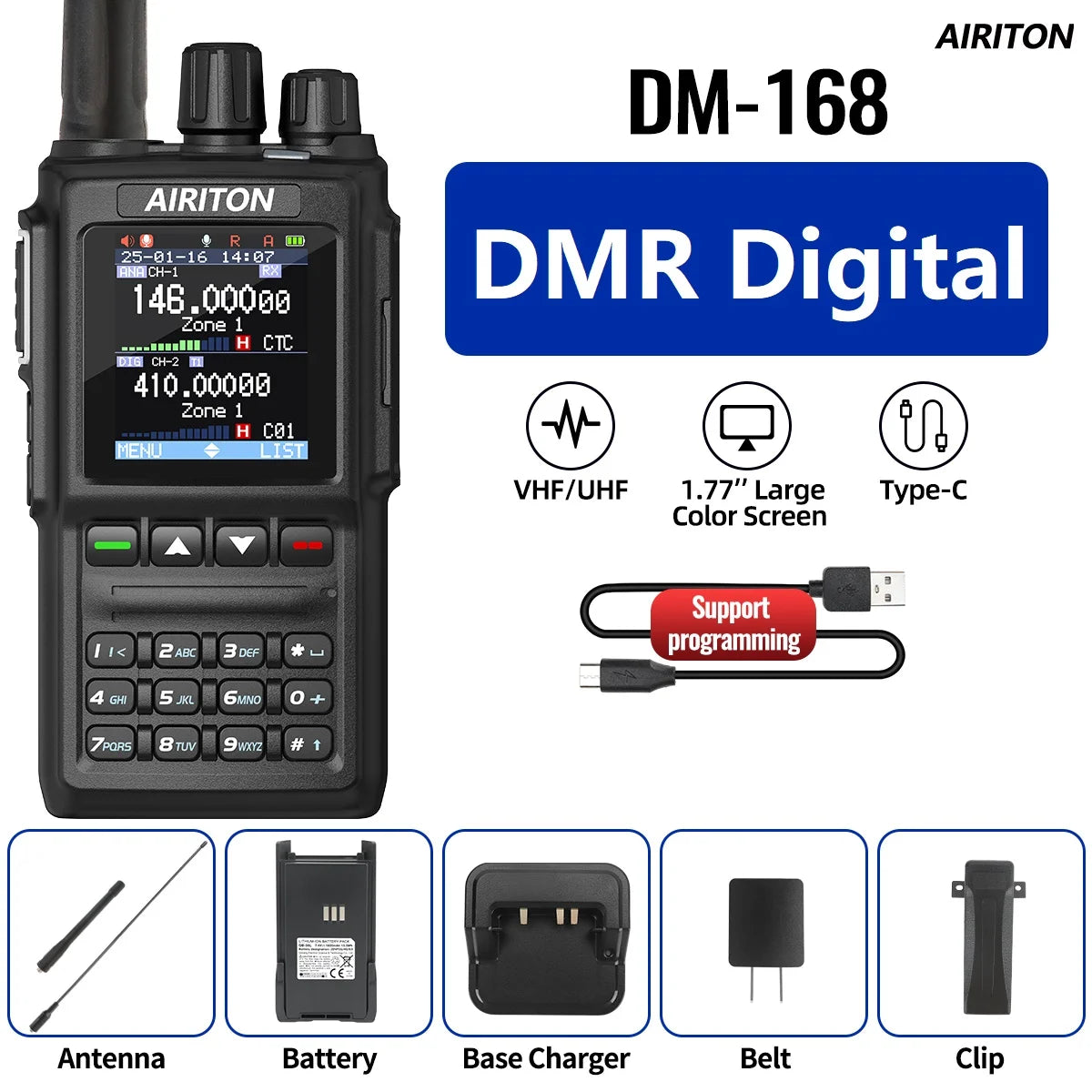 AIRITON DM-168 DMR Digital Analog  Walkie Talkie Dual Mode AES256 Encryption Amateur for AT-D168UV with Type-C Two Way Radio
