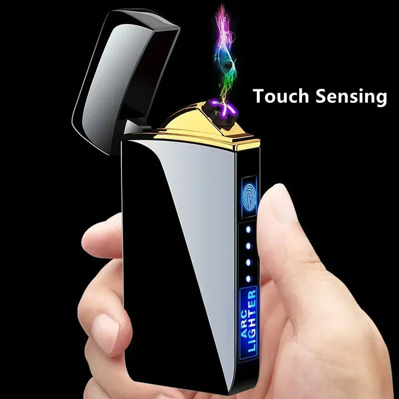 New Electric Windproof Metal Lighter Double Arc Flameless Plasma Rechargeable USB Lighter LED Power Display Touch Lighters Gift