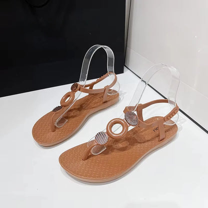 Summer New Flat Shoes Women's National One Word Buckle Beach Sandals Soft Soled Herringbone Sandals for Women