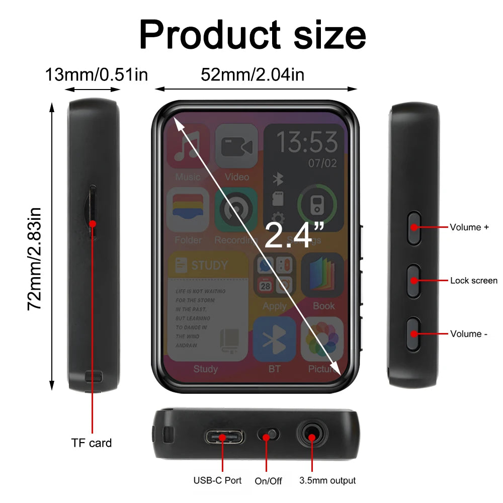 128G MP3 Player Bluetooth 5.4 HiFi MP3 Music Player Built-in Speaker 2.4inch Touch Screen MP4 Player with E-book/Video Recording