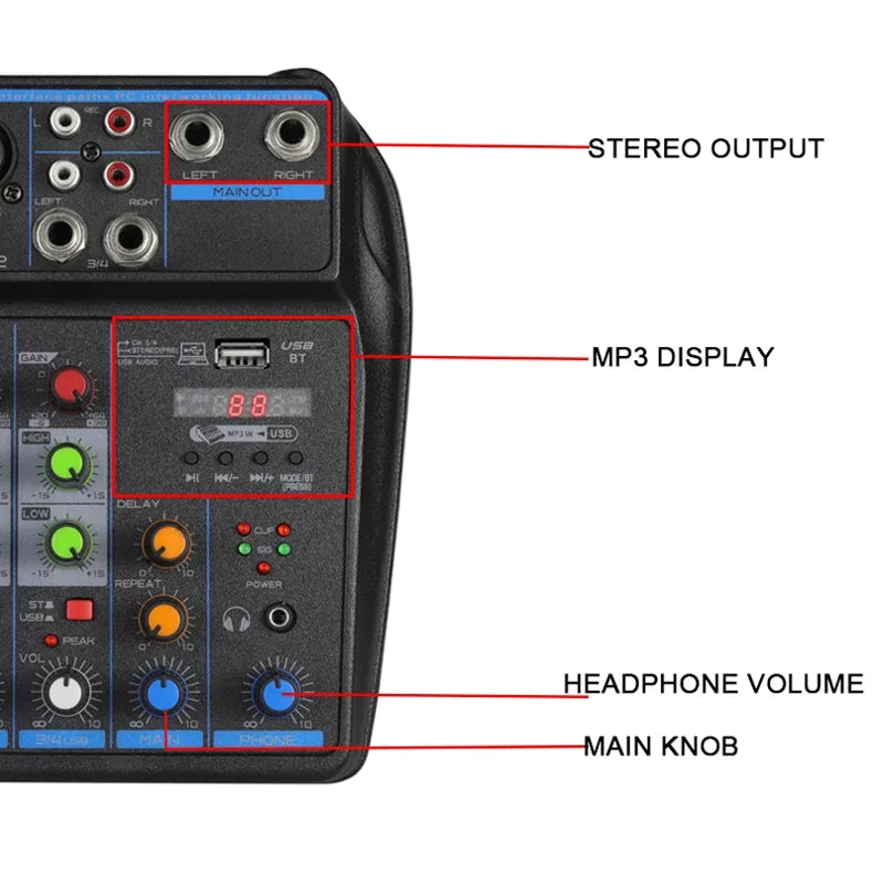 4 channel Mixer Dj Mixing Console Met Bluetooth 48V Phantom Power Monitor Karaoke Systeem Usb Mixer Audio