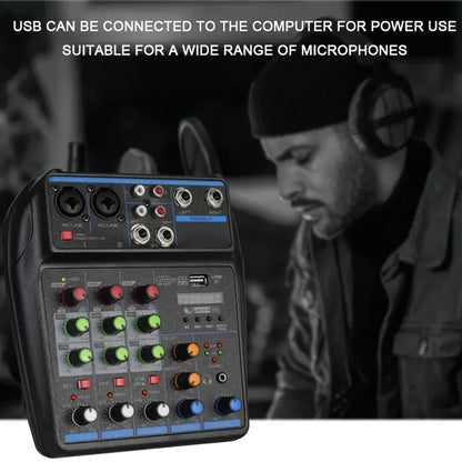 4 channel Mixer Dj Mixing Console Met Bluetooth 48V Phantom Power Monitor Karaoke Systeem Usb Mixer Audio